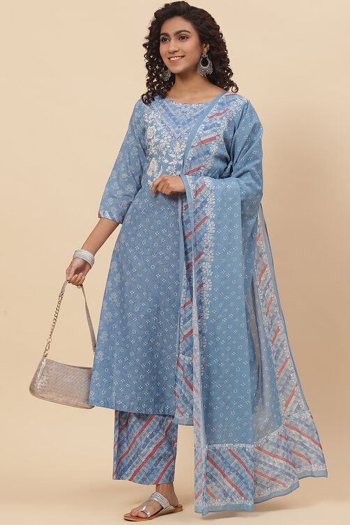 Blue Cotton Straight Kurta Palazzo Suit Set image number 7