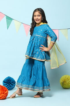 Blue Cotton Gathered Printed Suit Set image number 5