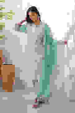 Aqua Yard-Dyed Chanderi Kurta & Pants Suit Set image number 3