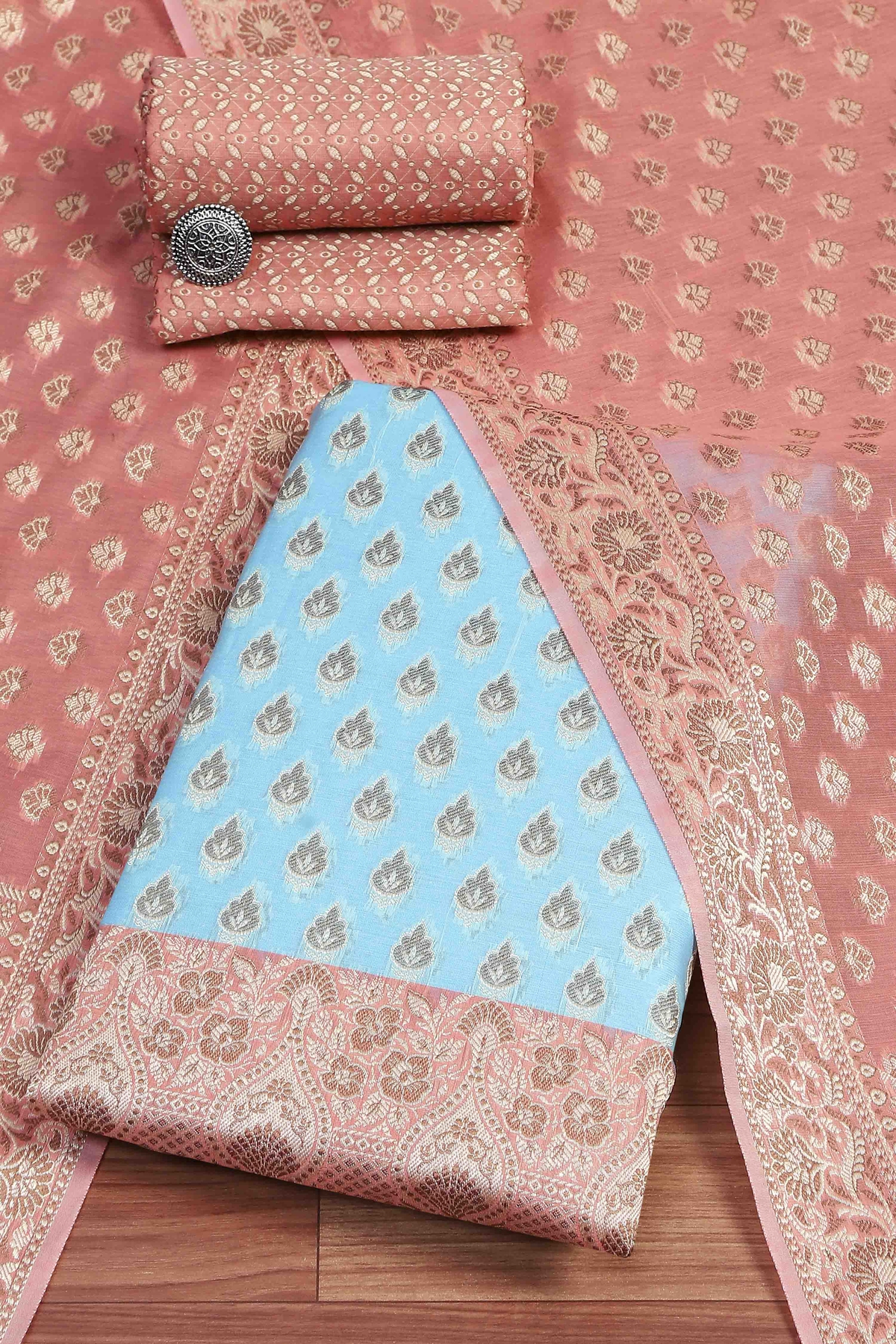 Sky Blue Cotton Printed Embroidered Unstitched Suit Set