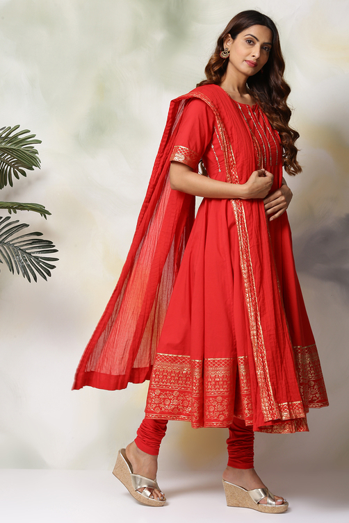Red Cotton Solid Anarkali Suit Set image number 5
