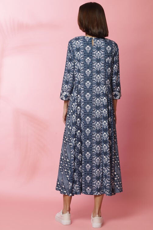 Blue Rayon Flared Lace Printed Dress image number 5