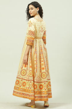 Beige Flared Fusion Printed Dress image number 5