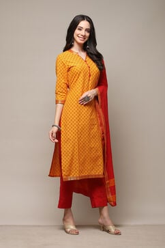 Orange Cotton Handloom Unstitched Suit Set image number 7