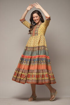 Lemon Yellow Cotton Tiered Printed Dress image number 0