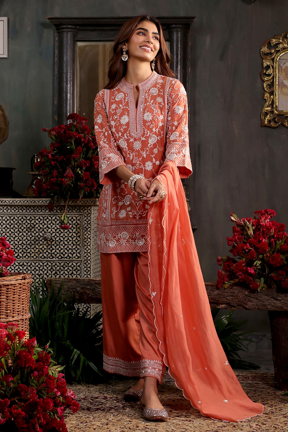 Orange Chanderi Embroidered Straight Suit Set image number 3