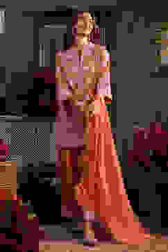 Orange Chanderi Embroidered Straight Suit Set image number 3