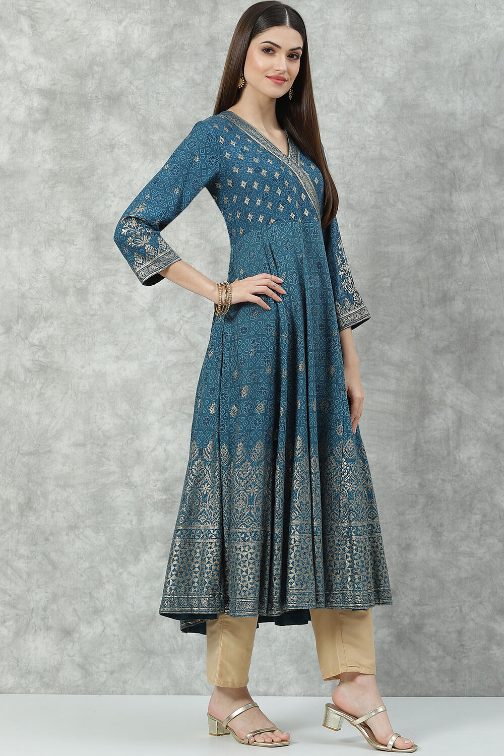 Brown Rayon Flared Printed Kurta image number 3