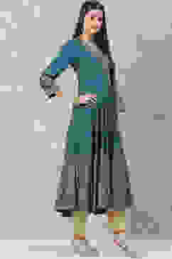 Teal Rayon Flared Printed Kurta image number 3