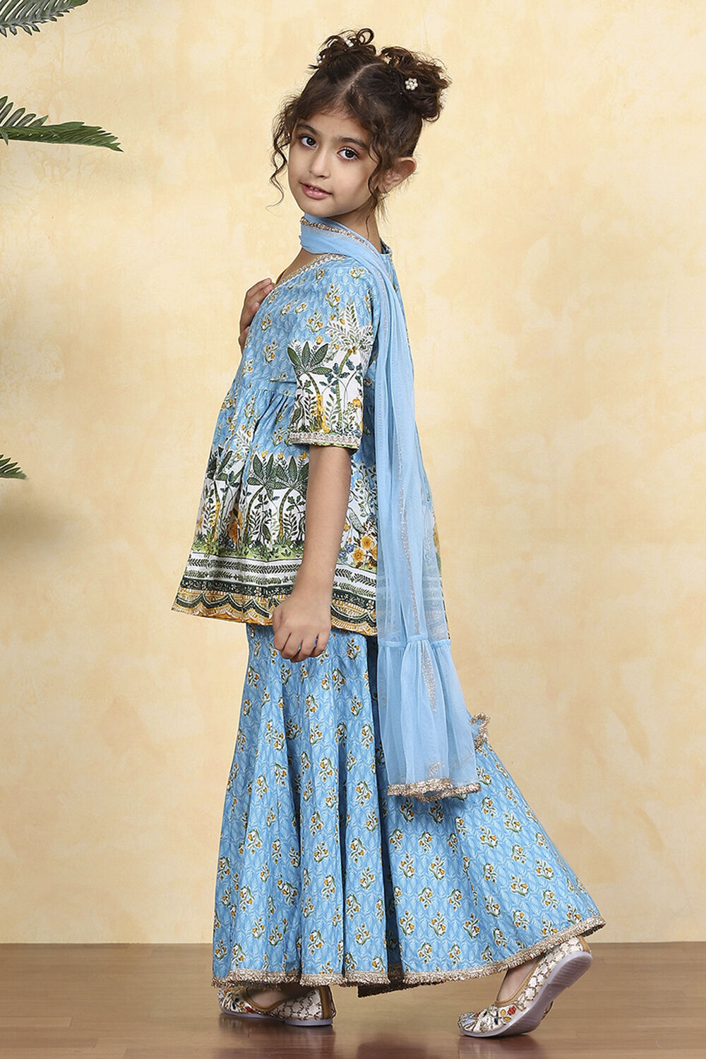 Blue Cotton Printed Straight Sharara Suit Set image number 6