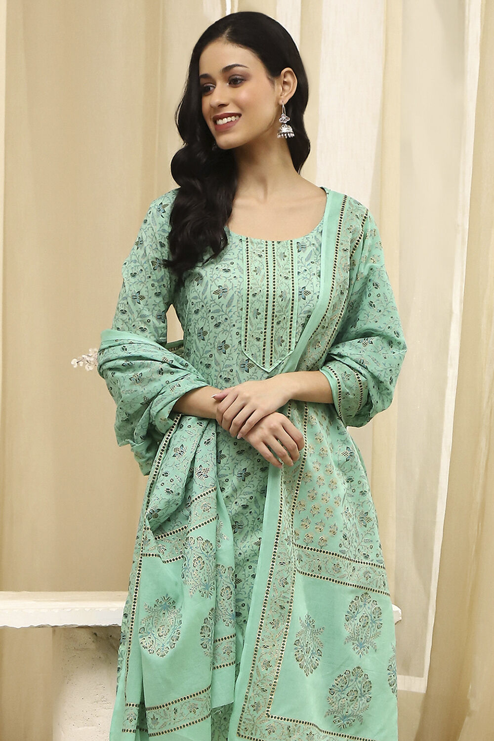 Pink Cotton Screen Print Unstitched Suit Set image number 8