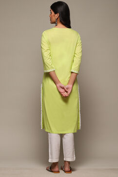 Sea Green Cotton Straight Embroidered Kurta image number 4