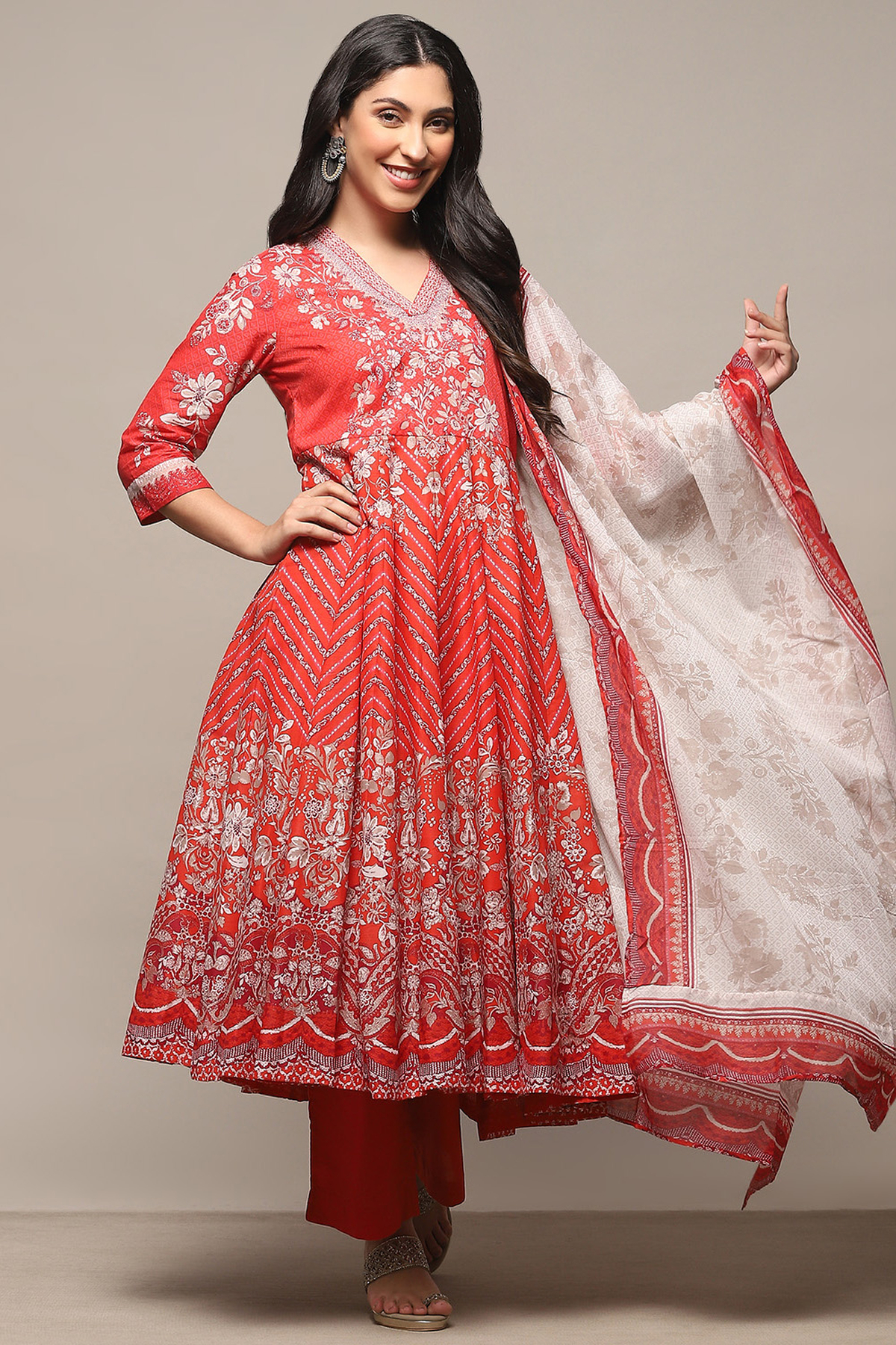 Coral Cotton Anarkali Suit Set