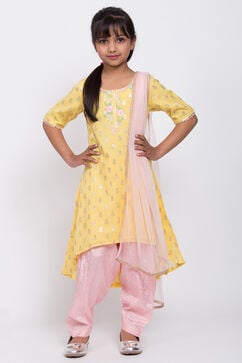 Yellow Poly Cotton A-Line Kurta Salwar Suit Set image number 0