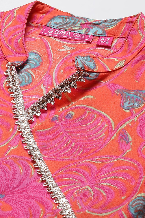 Orange Cotton Flared Printed Kurta Set image number 1