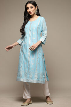 Sky Blue Cotton Blend Straight Printed Kurta image number 5