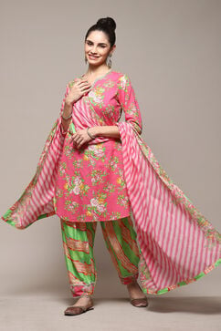 Pink & Green Cotton Straight Kurta Palazzo Suit Set image number 1