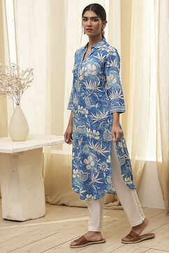 Blue Pure Cotton Floral Straight Kurta image number 2