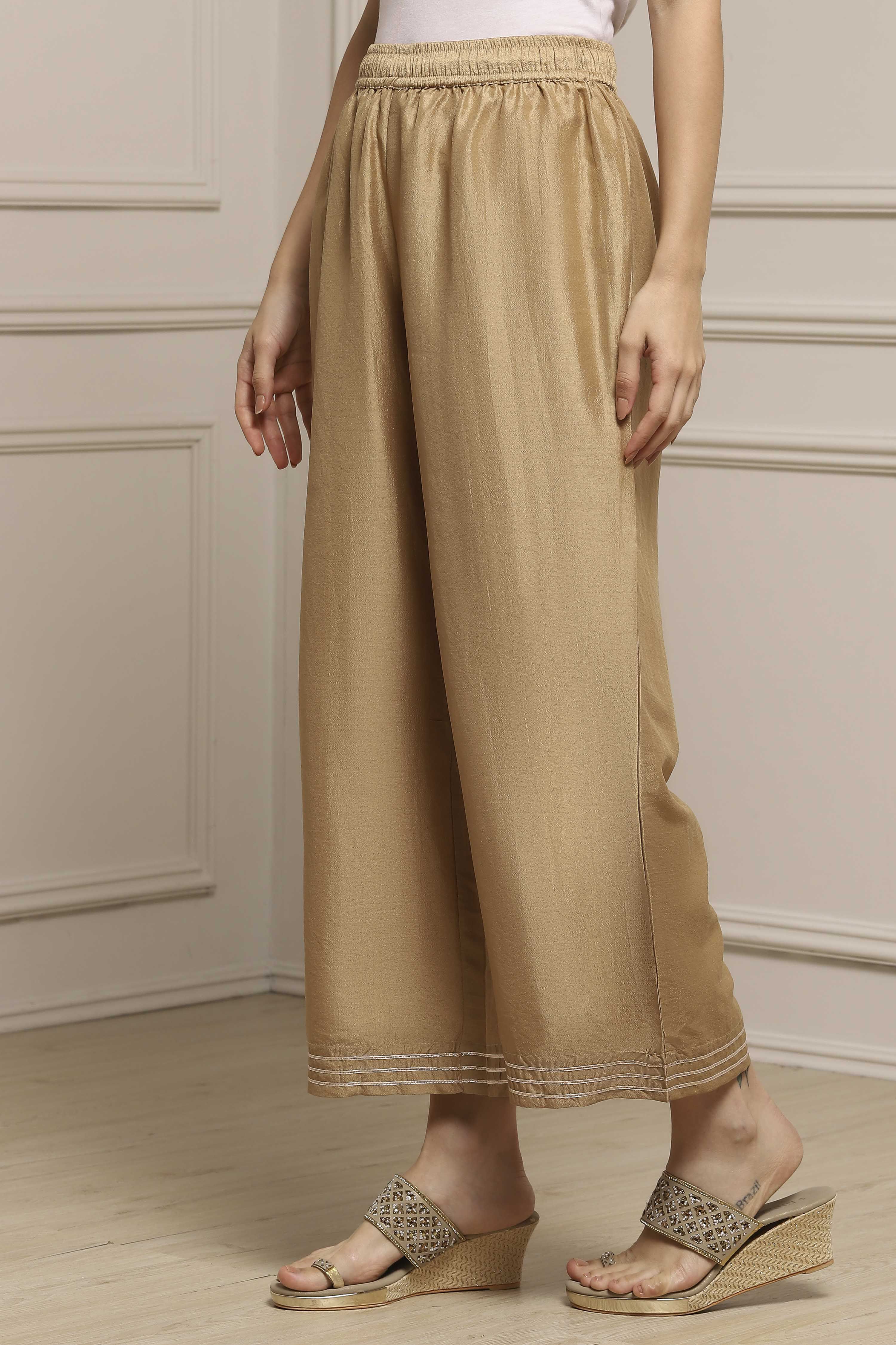 Gold Polyester Straight Dyed Palazzo Pants image number 2