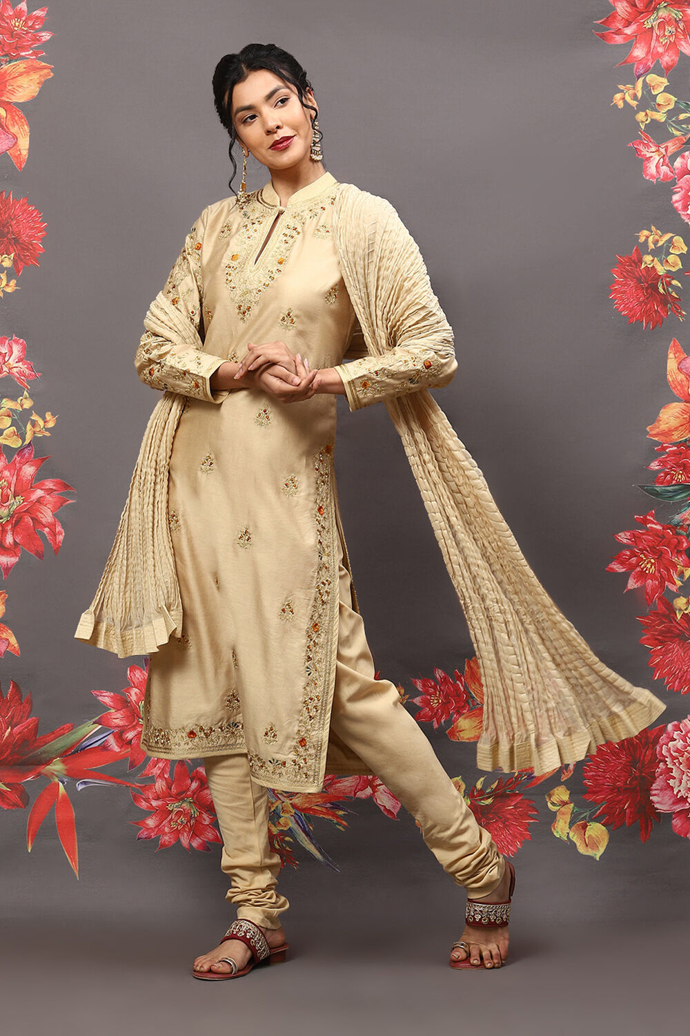 Beige Cotton Blend Straight Kurta Suit Set image number 0