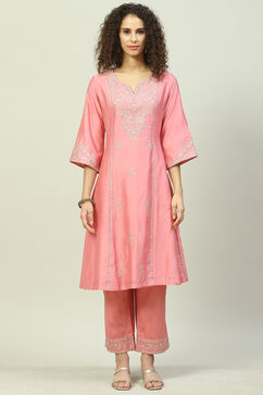 Pink Cotton Silk A-Line Kurta Narrow Palazzo Suit Set image number 7