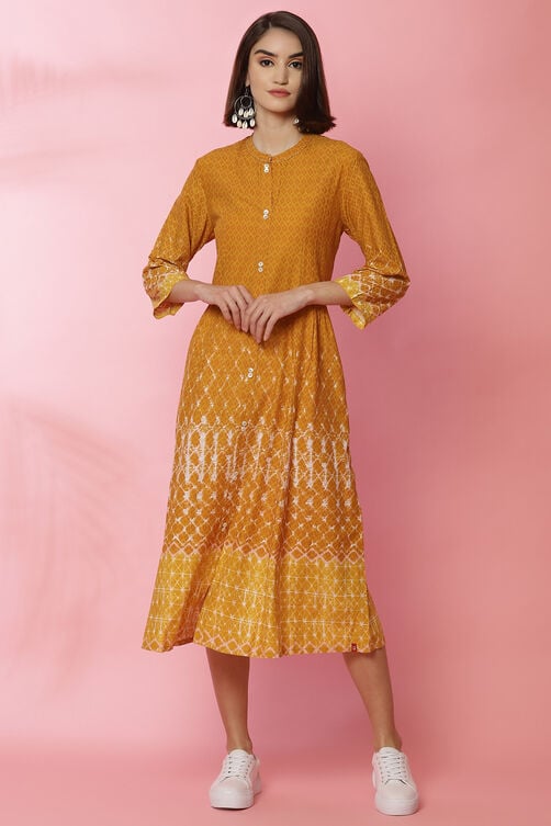 Mustard Rayon A-Line Printed Dress image number 4