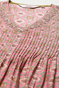 Pink Viscose Gathered Kurta Pants Suit Set image number 1