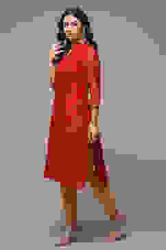 Red Art Silk Straight Printed Kurta image number 3