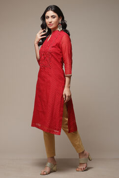 Red Art Silk Straight Printed Kurta image number 3