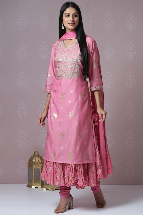 Pink Art Silk Double Layered Kurta Churidar Suit Set image number 0