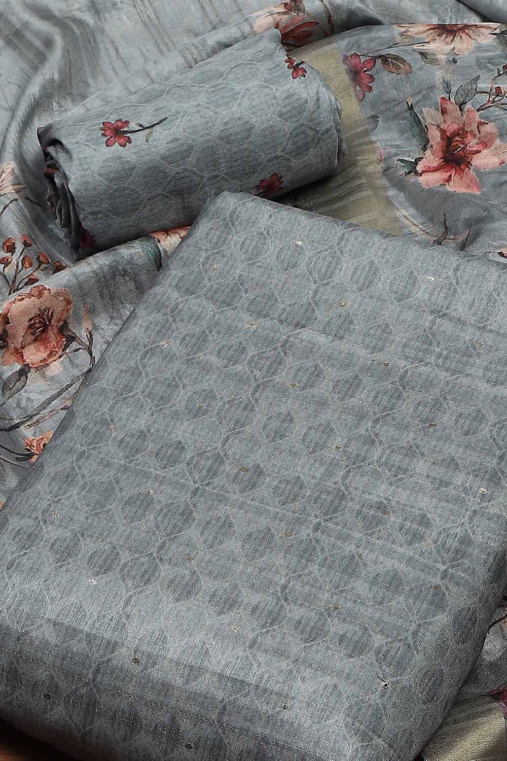 Peach Silk Tussar Handloom Unstitched Suit Set image number 1