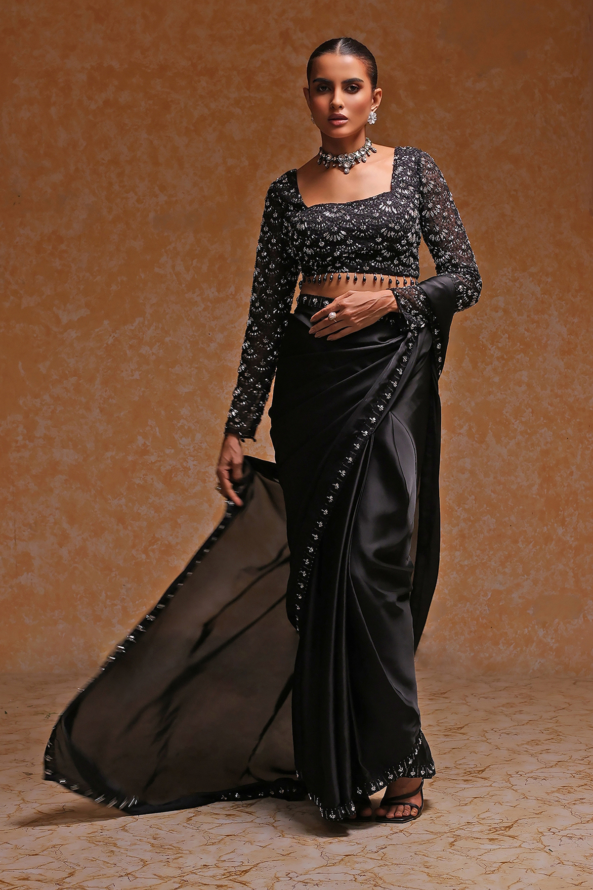 Black Poly Satin Fitted Embroidered Pre-Draped Saree