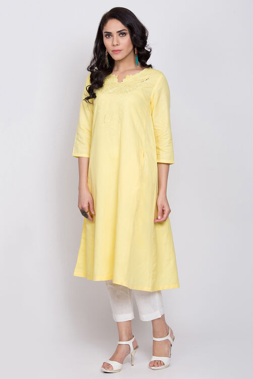 Lime Yellow Cotton Linen A-Line Yarndyed Kurta image number 2