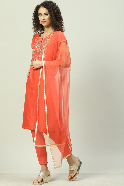 Mustard Art Silk Straight Kurta Slim Pants Suit Set image number 5