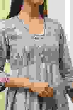 Dull Blue Cotton Floral Anarkali Suit Set image number 1