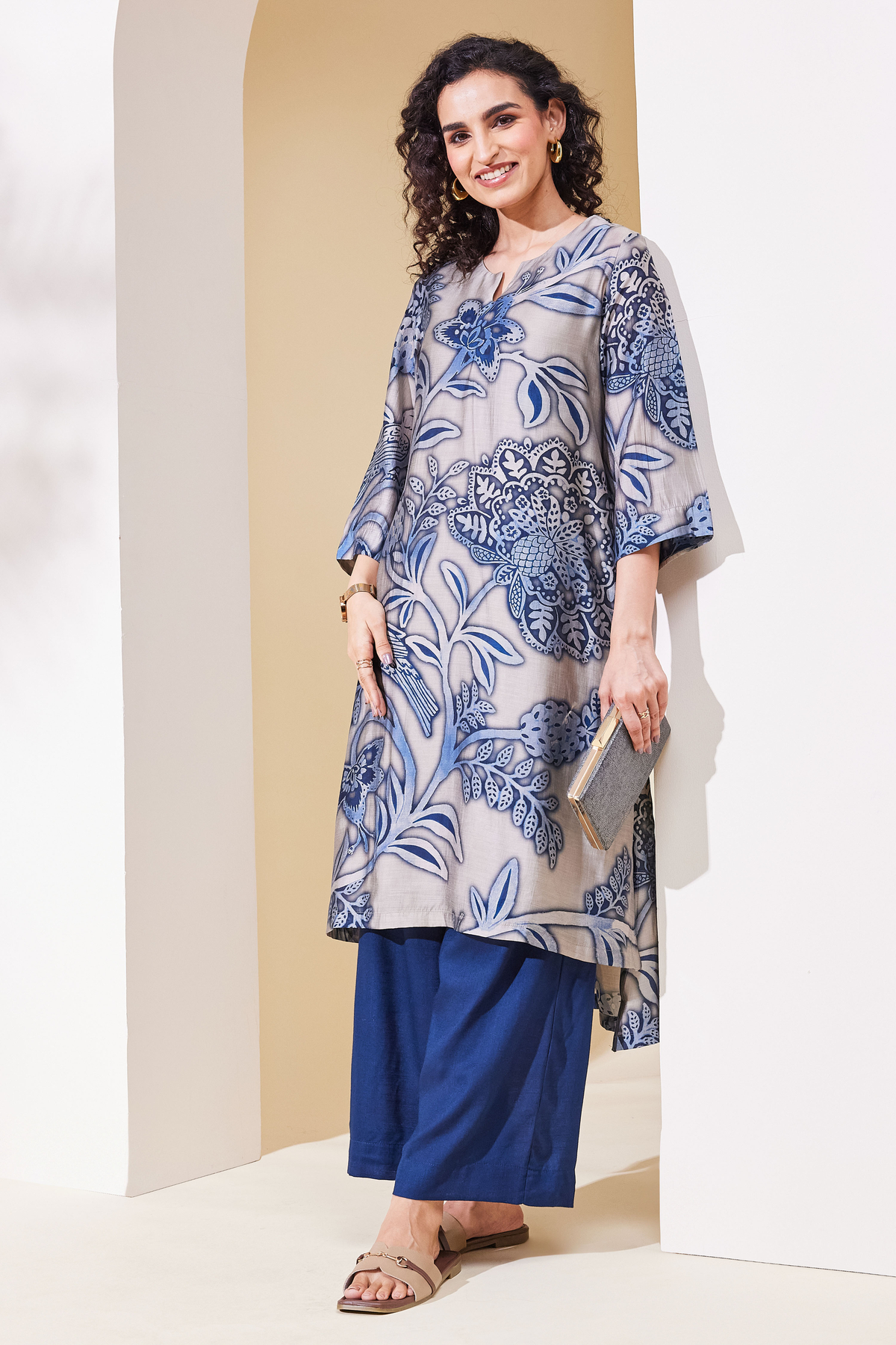 Blue Viscose Blend Straight Kurta Pants Set