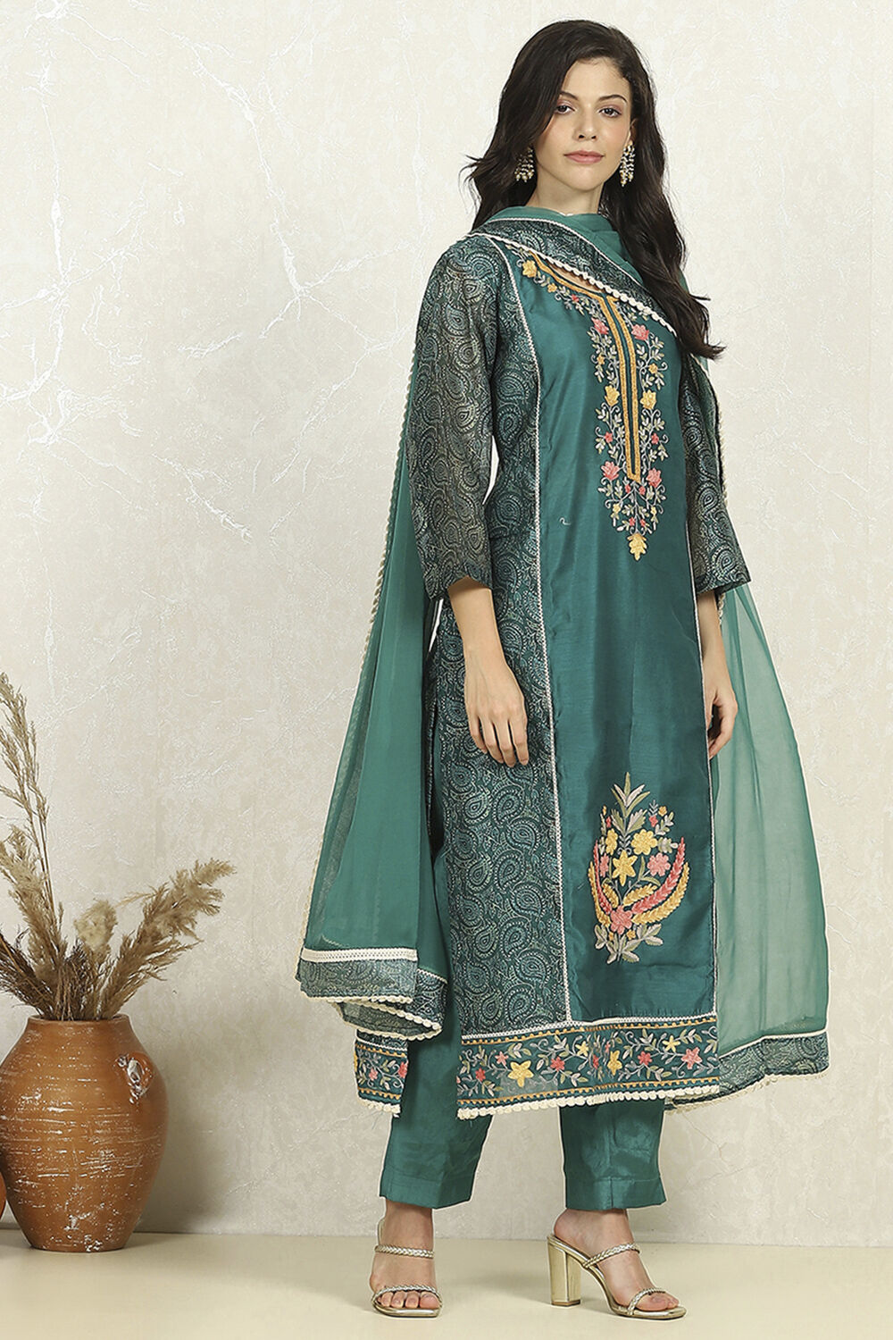 Teal Chanderi Unstitched Suit Set image number 6