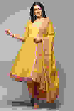 Mustard Cotton Anarkali Kurta Lehenga Set image number 7