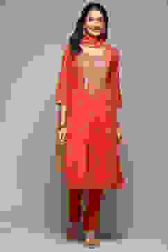 Red Viscose Straight Kurta Churidar Suit Set image number 7