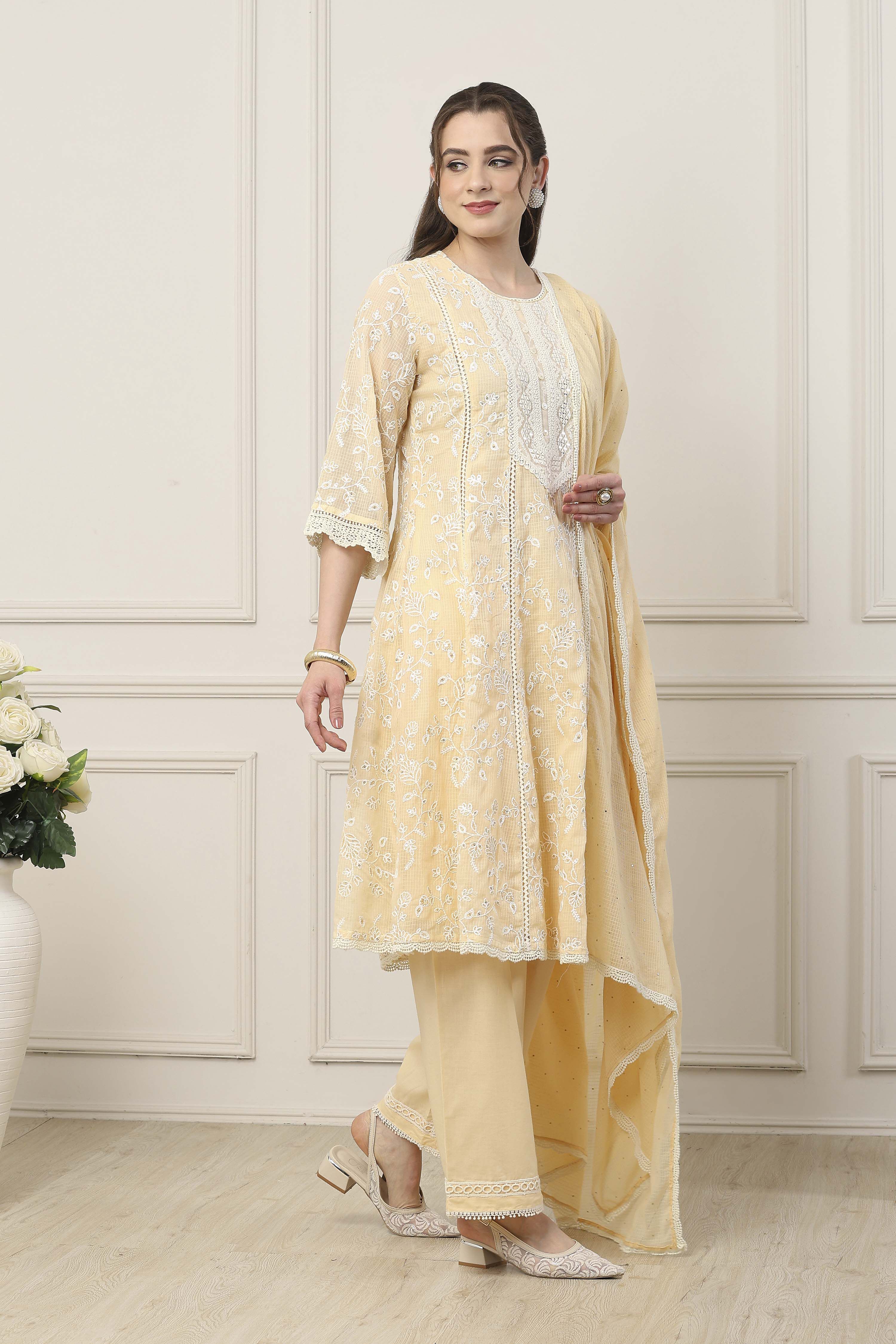 Beige Cotton Kalidar Suit Set image number 5