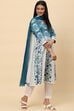 Blue White Cotton Flared Kurta Slim Pant Suit Set image number 6