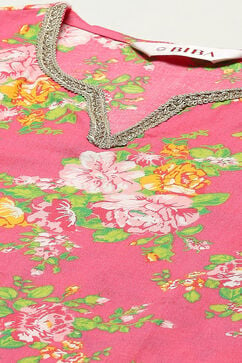 Pink & Green Cotton Straight Kurta Palazzo Suit Set image number 2