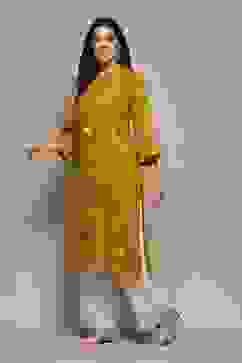 Mustard Poly Cotton Straight Yarndyed Kurta image number 2