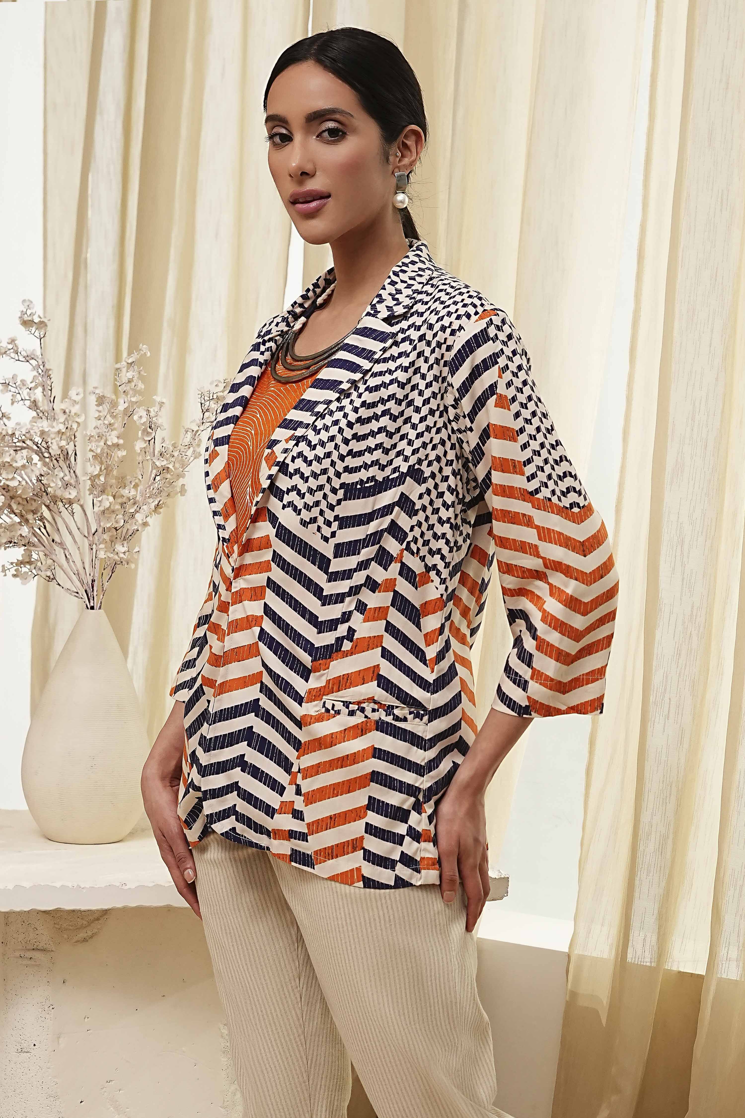 Orange Printed Straight Jacket image number 2