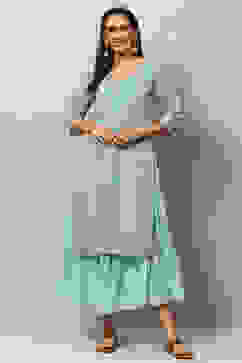 Sky Blue Art Silk Double Layered Kurta image number 6