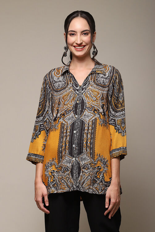 Mustard LIVA Straight Printed Shirt image number 5