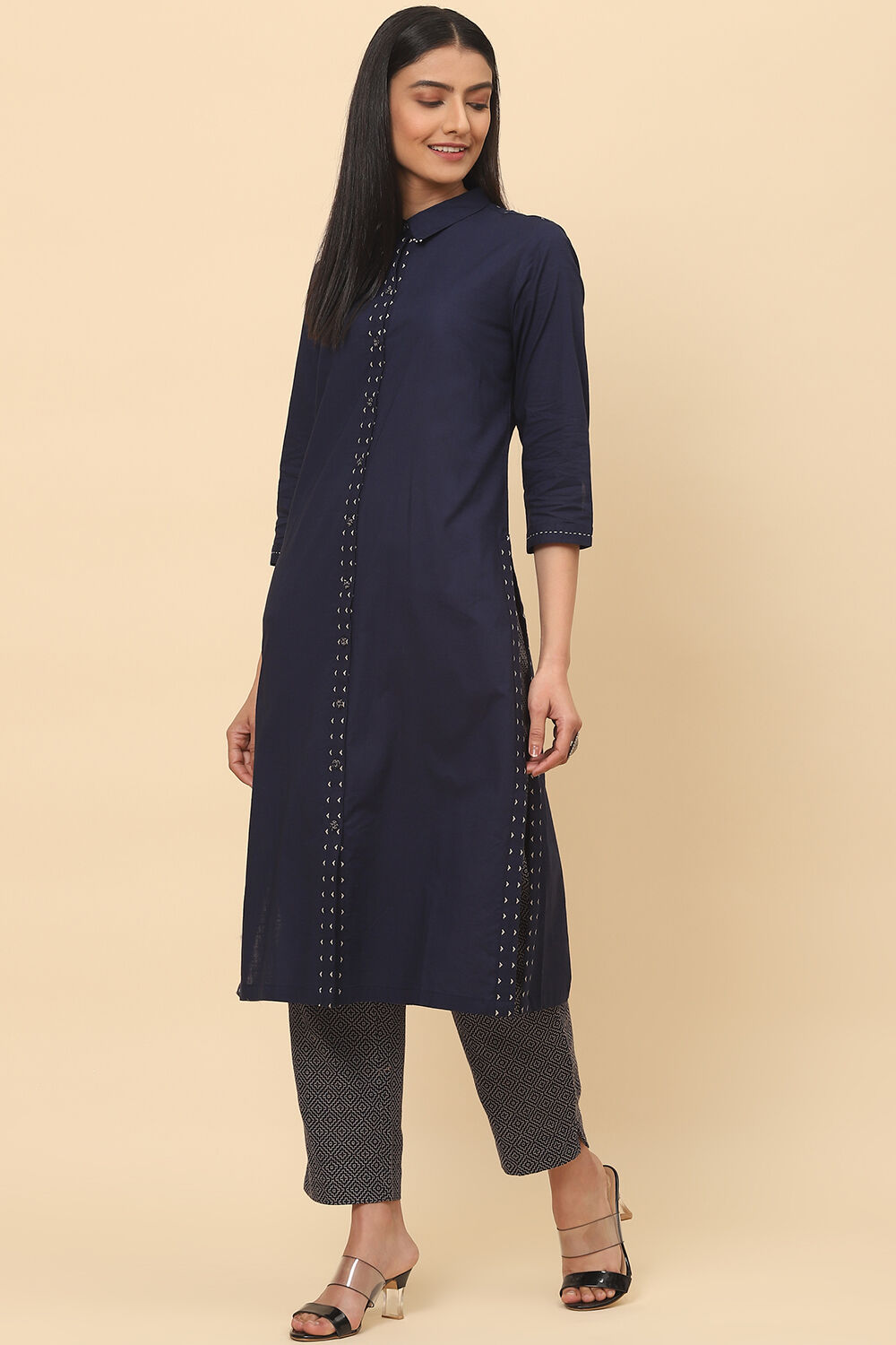 Navy Cotton Straight Fusion Yarndyed Kurta Set image number 3