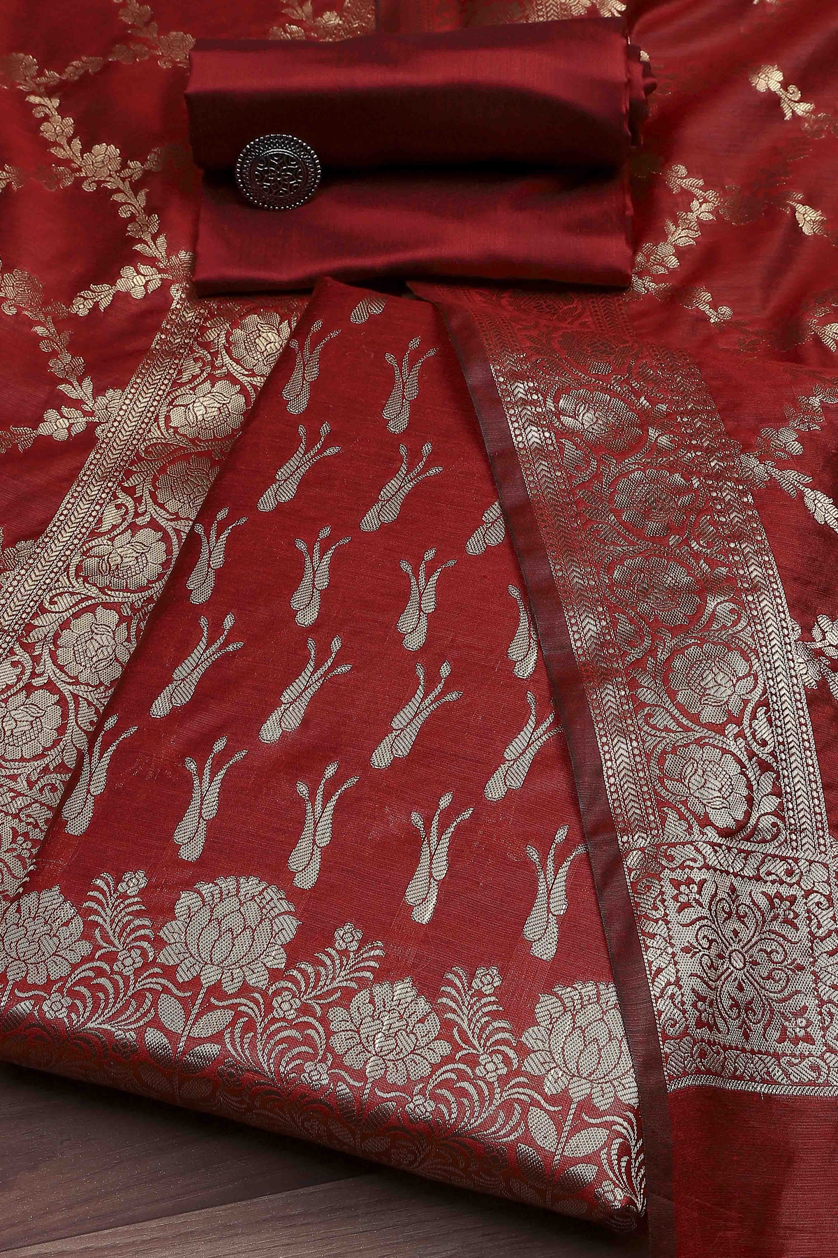 Red Cotton Printed Embroidered Unstitched Suit Set