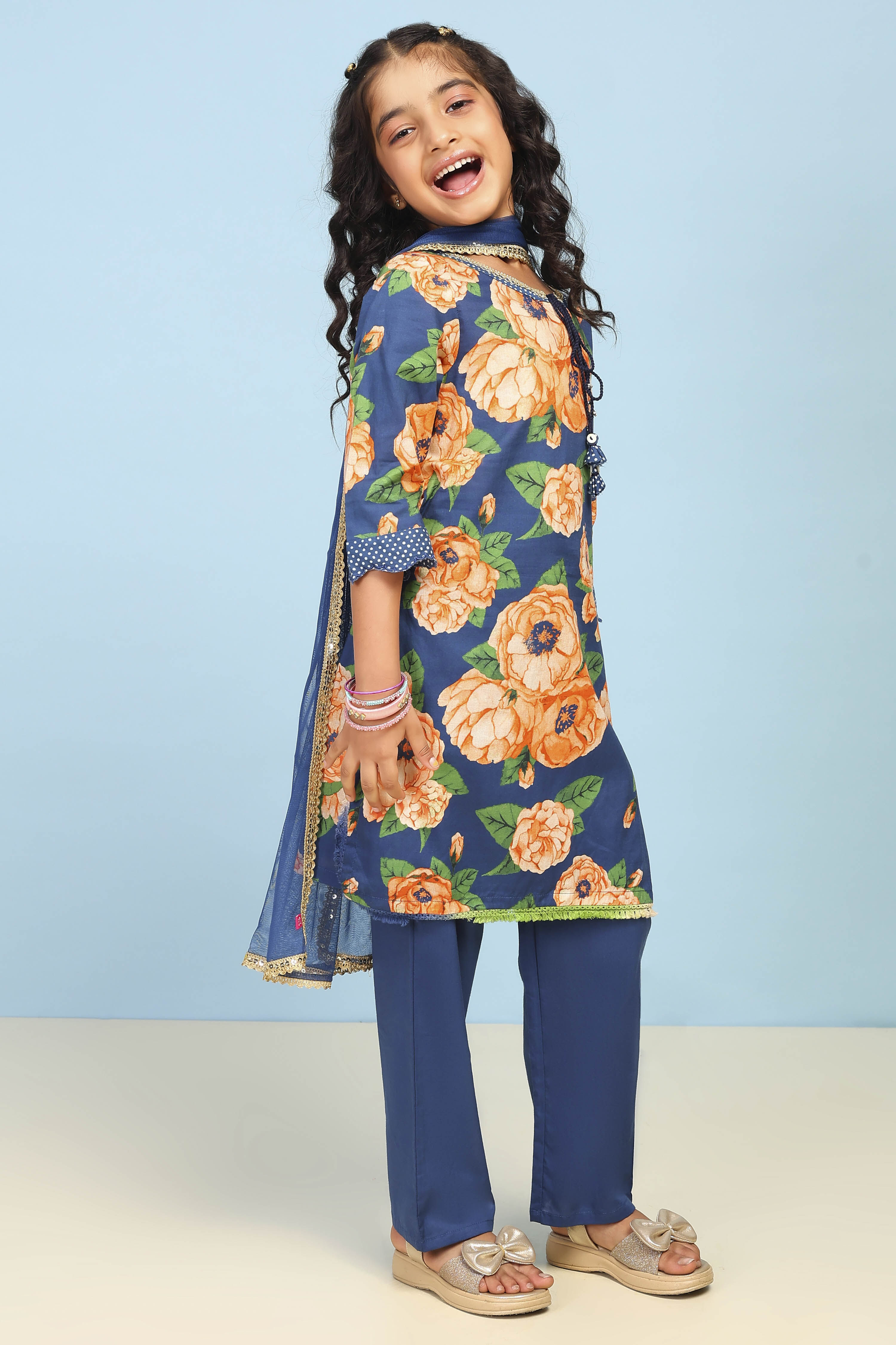 Blue Cotton Straight Printed Suit Set image number 5