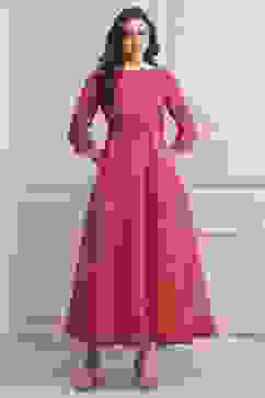 Pink Cotton Blend Flared Printed Dress image number 4